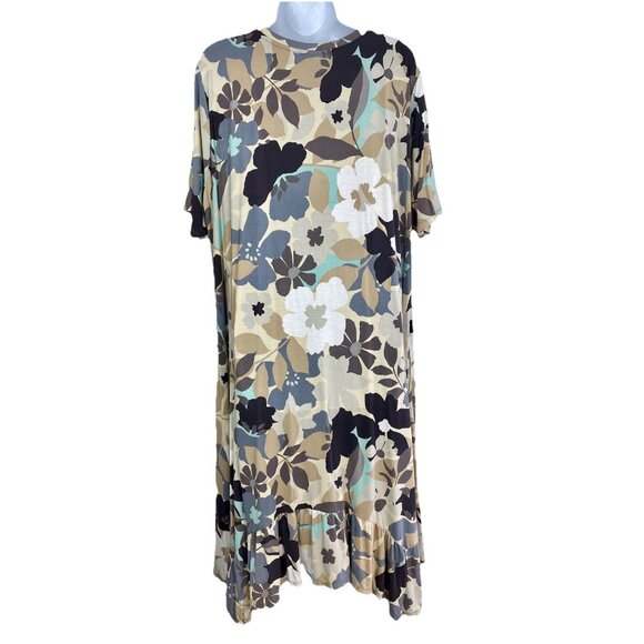 LOGO Lori Goldstein Dress Womens 1X Pockets Jersey Knit Stretch Blue Tan Floral - Picture 2 of 9